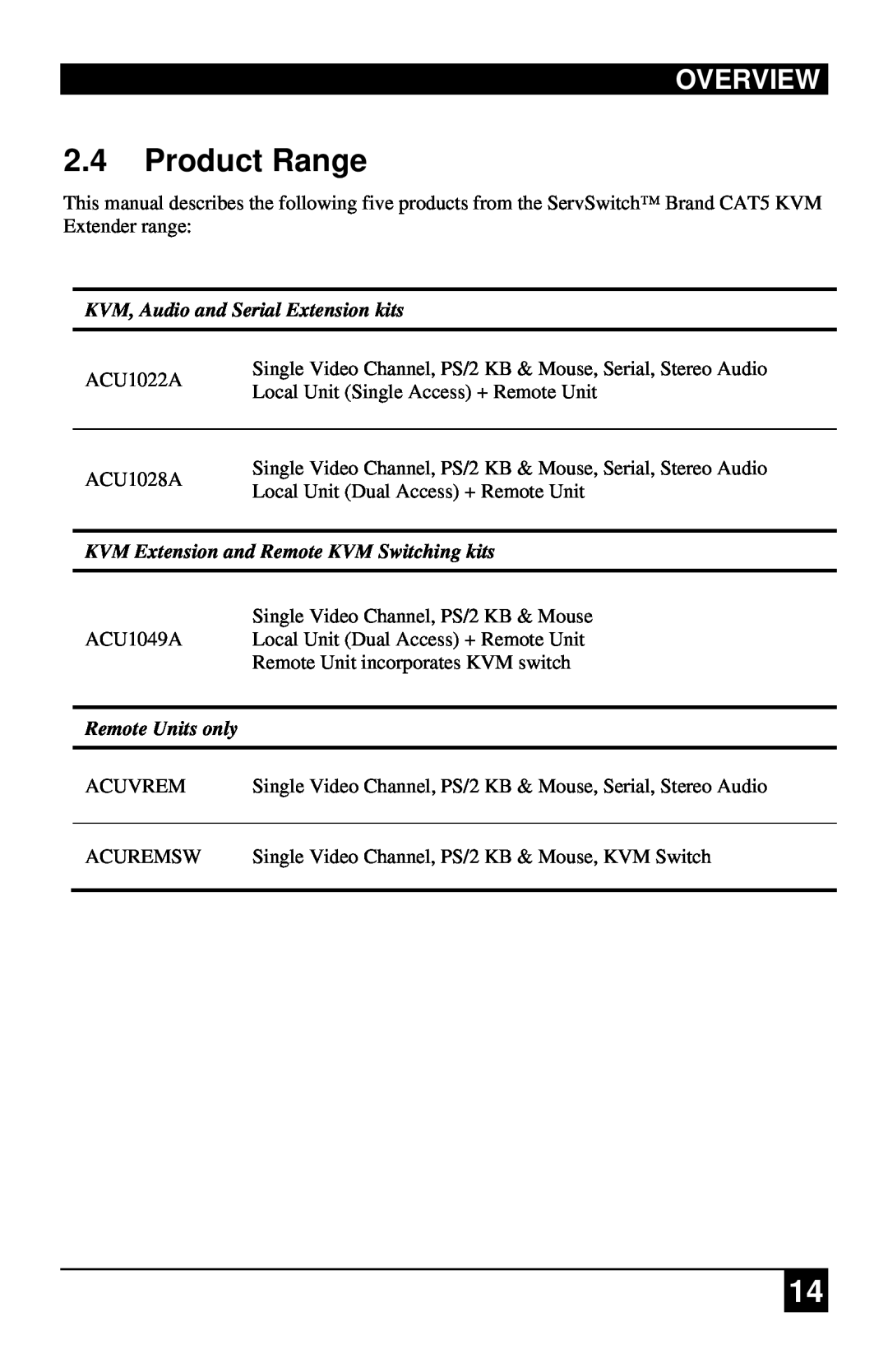 Black Box CAT KVM Extender, ACU1028A manual Product Range, Overview, KVM, Audio and Serial Extension kits, Remote Units only 