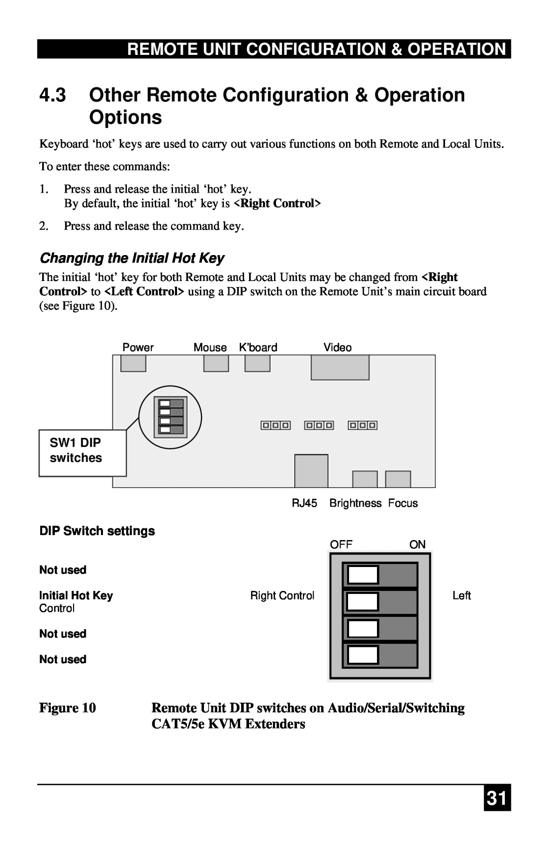 Black Box ACUREMSW Other Remote Configuration & Operation Options, Remote Unit Configuration & Operation, SW1 DIP switches 