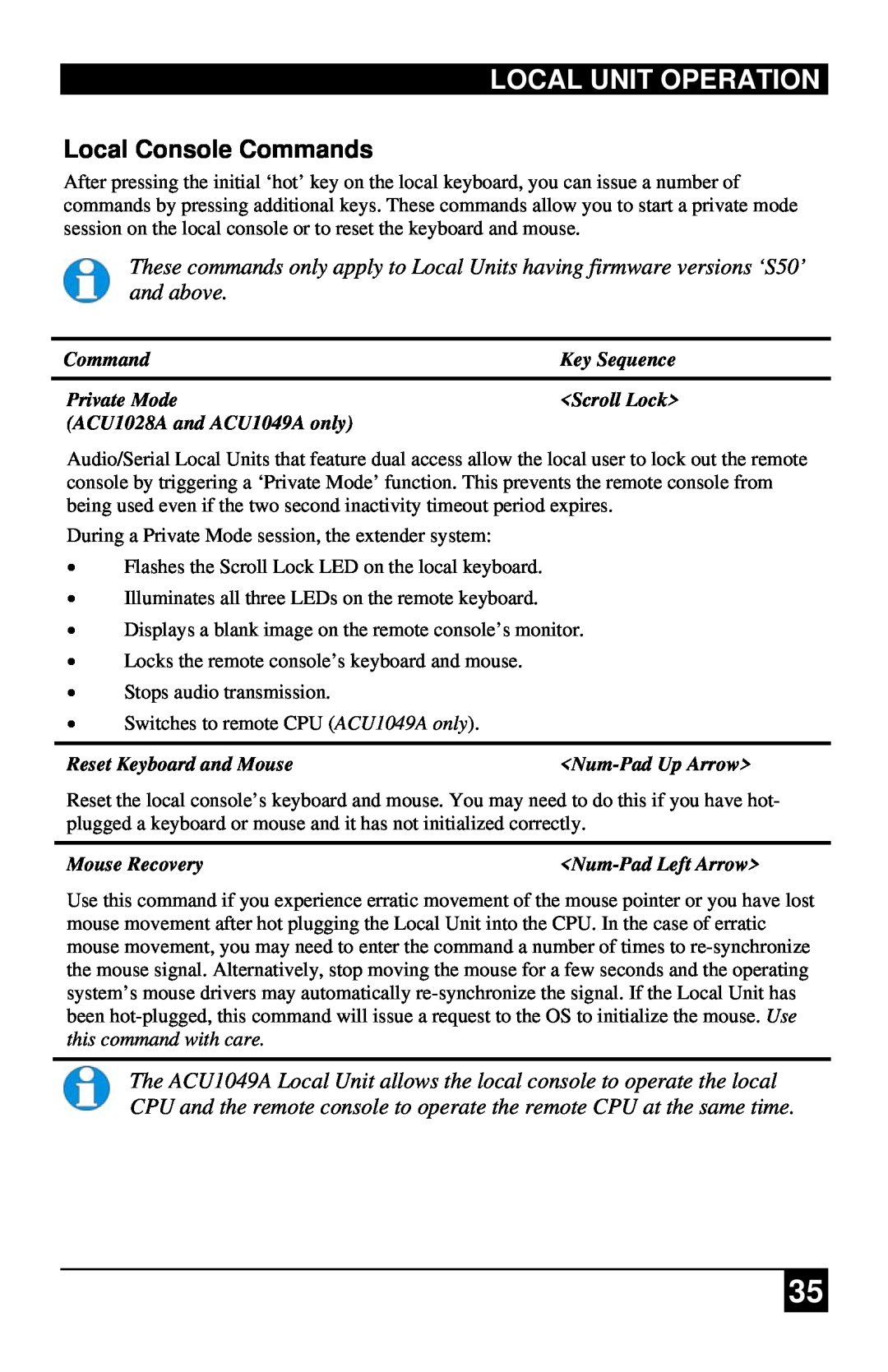 Black Box ACU1022A, ACU1028A, ACU1049A, ACUREMSW, CAT KVM Extender, ACUVREM manual Local Console Commands, Local Unit Operation 