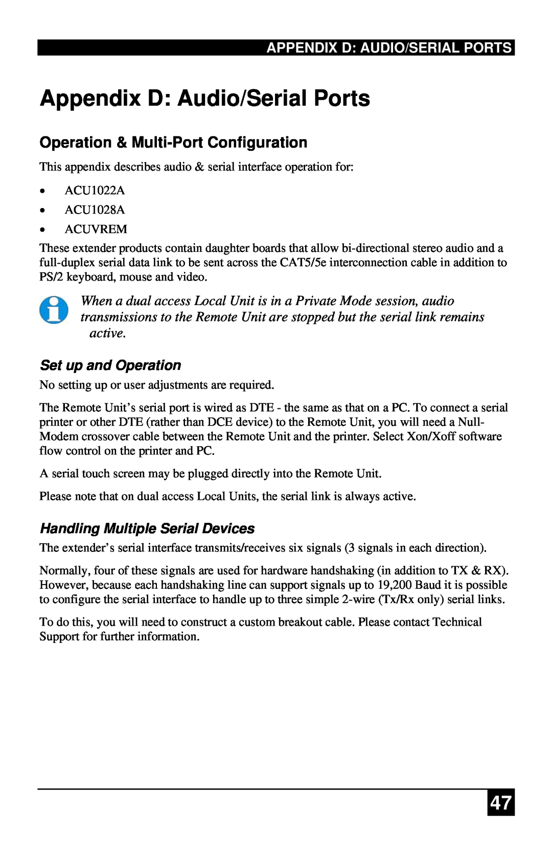 Black Box ACU1022A, ACU1028A Appendix D Audio/Serial Ports, Operation & Multi-Port Configuration, Set up and Operation 