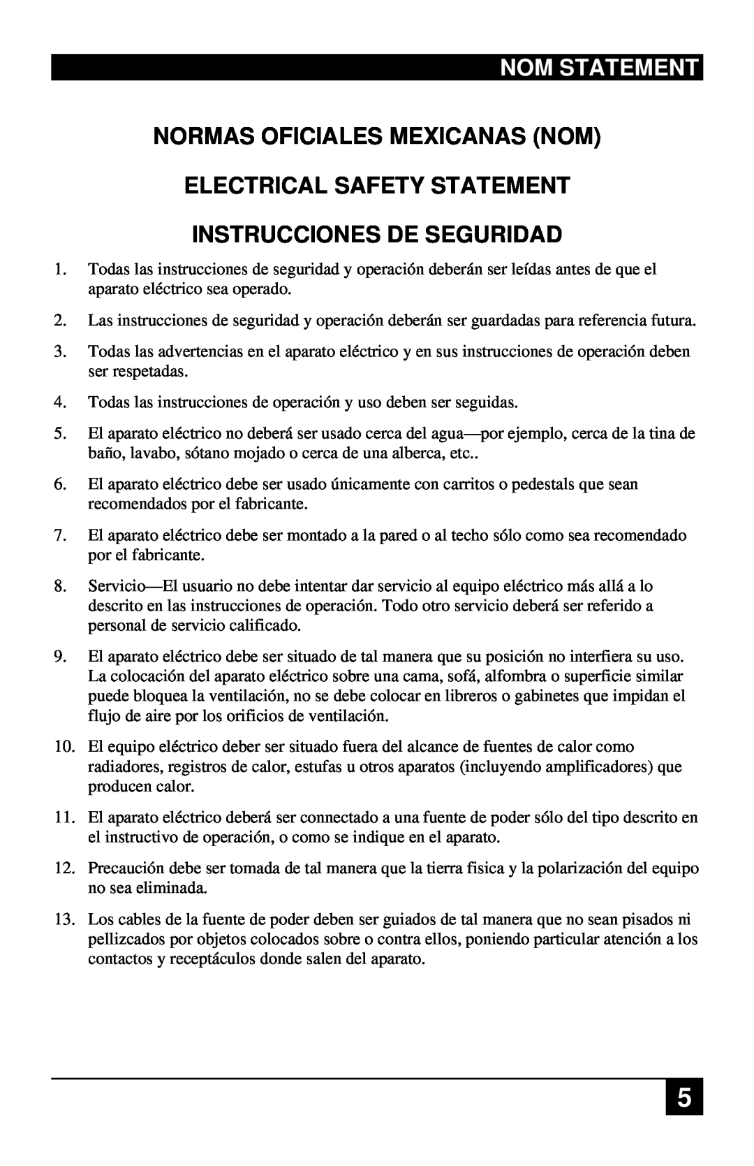 Black Box ACU1022A Nom Statement, Normas Oficiales Mexicanas Nom Electrical Safety Statement, Instrucciones De Seguridad 