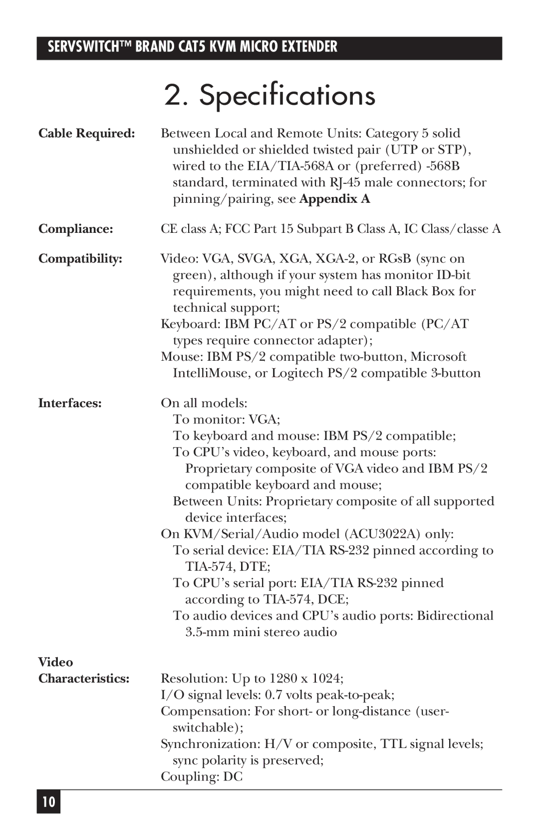 Black Box cat5kvm micro extender, ACU3009A, ACU3001A, ACU3022A manual Specifications 