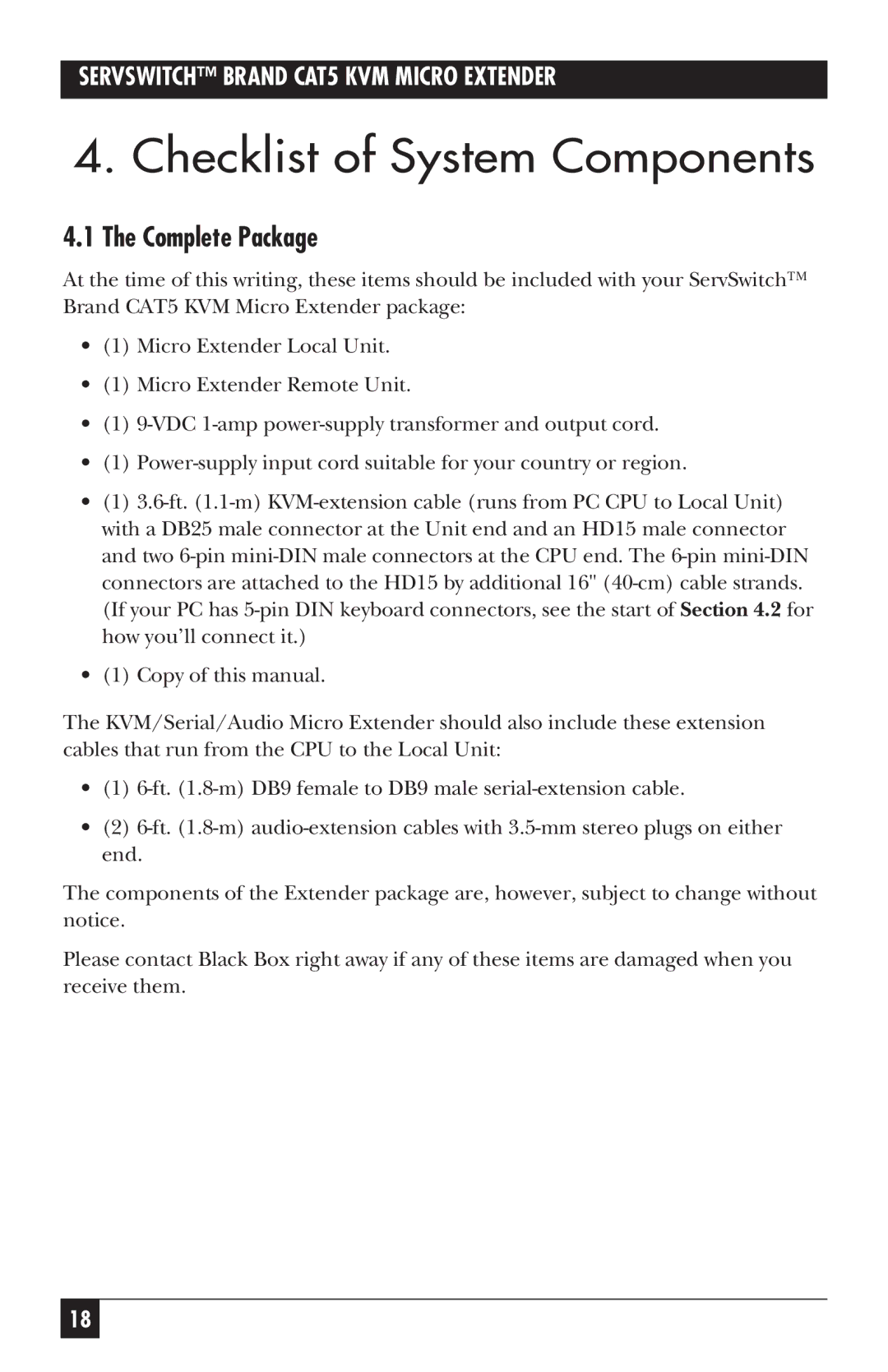 Black Box cat5kvm micro extender, ACU3009A, ACU3001A, ACU3022A manual Checklist of System Components, Complete Package 