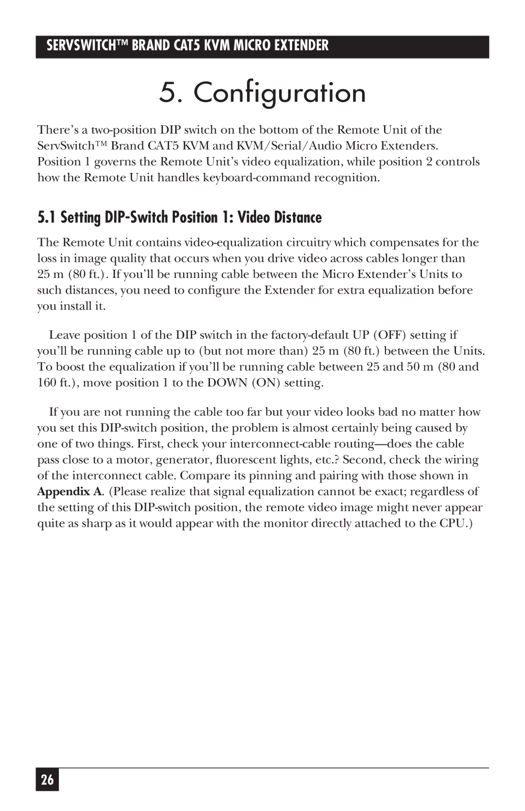 Black Box cat5kvm micro extender, ACU3009A, ACU3001A, ACU3022A Configuration, Setting DIP-Switch Position 1 Video Distance 