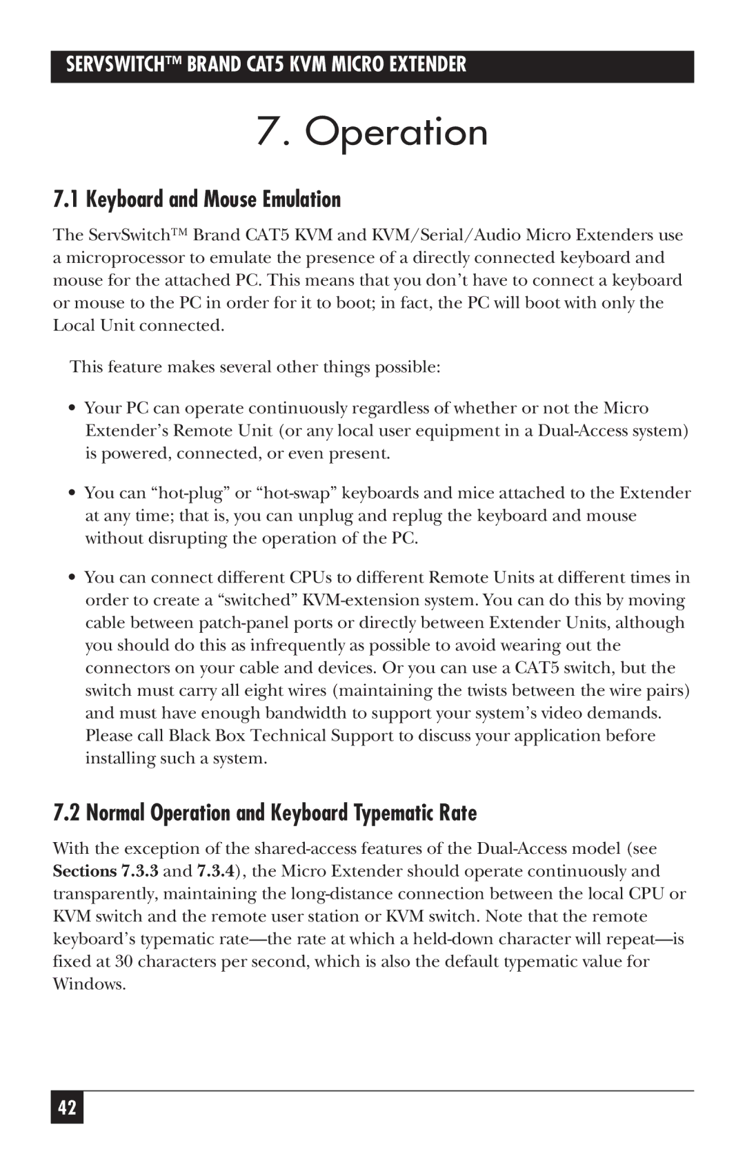 Black Box cat5kvm micro extender, ACU3009A Keyboard and Mouse Emulation, Normal Operation and Keyboard Typematic Rate 