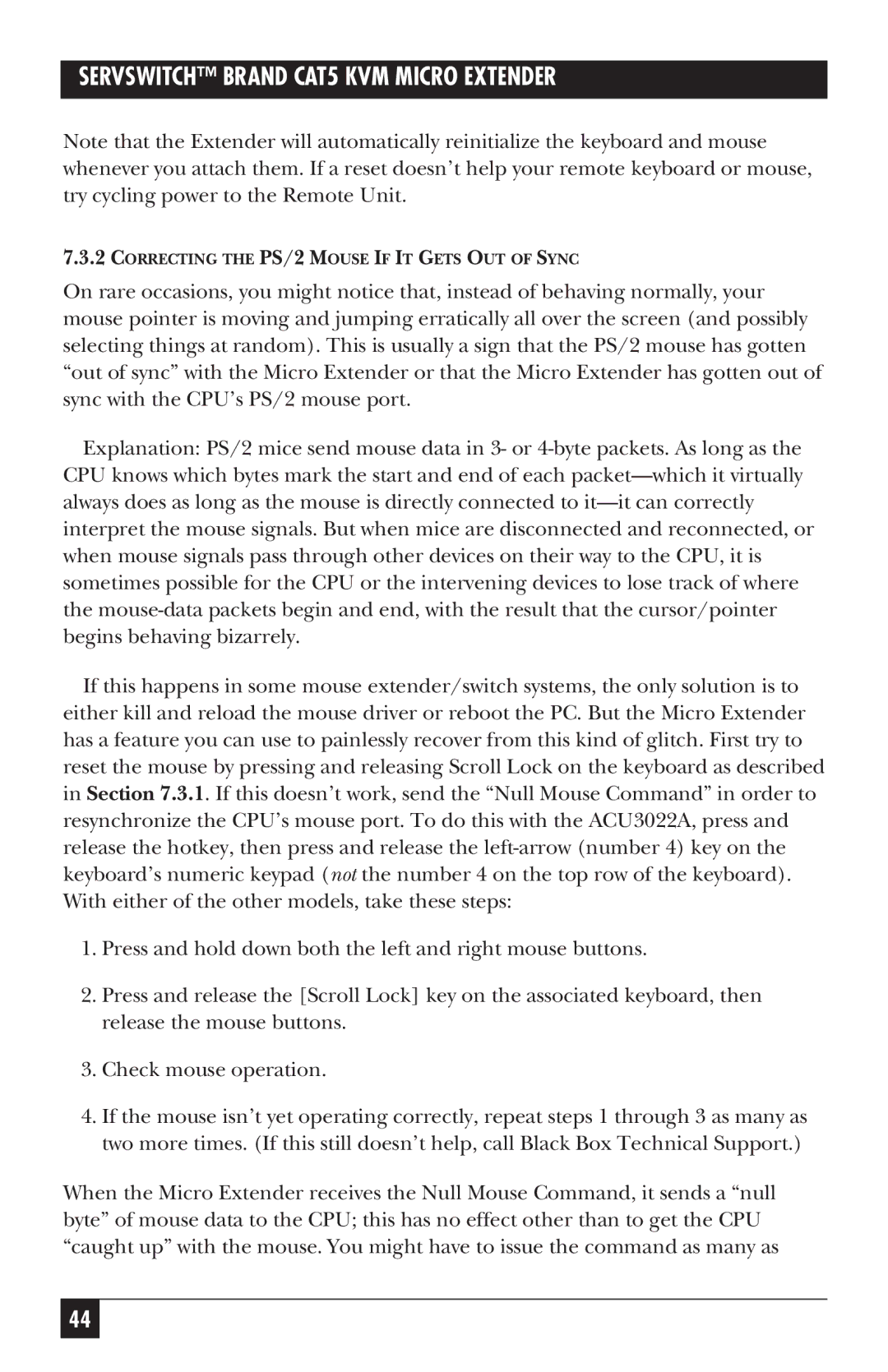 Black Box ACU3001A, ACU3009A, ACU3022A, cat5kvm micro extender manual Correcting the PS/2 Mouse if IT Gets OUT of Sync 