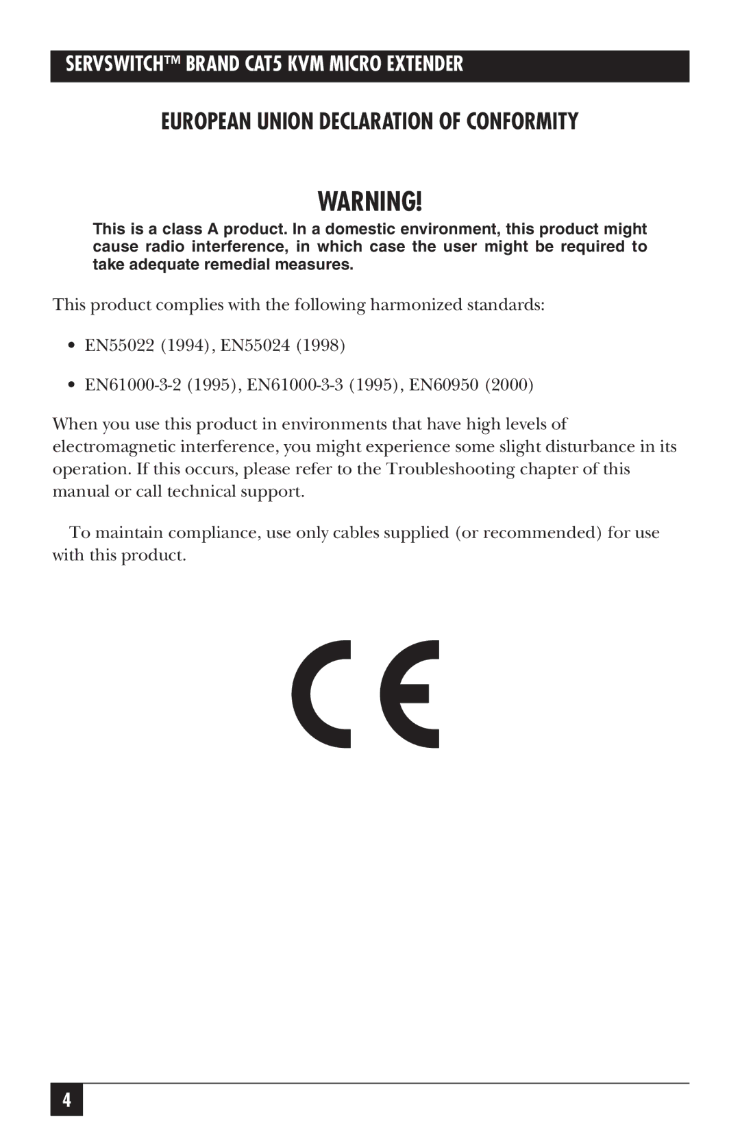 Black Box ACU3001A, ACU3009A, ACU3022A, cat5kvm micro extender manual European Union Declaration of Conformity 