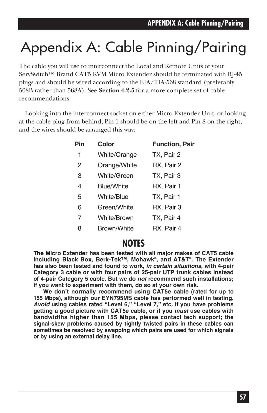 Black Box ACU3022A, ACU3009A, ACU3001A, cat5kvm micro extender manual Appendix a Cable Pinning/Pairing, Color 