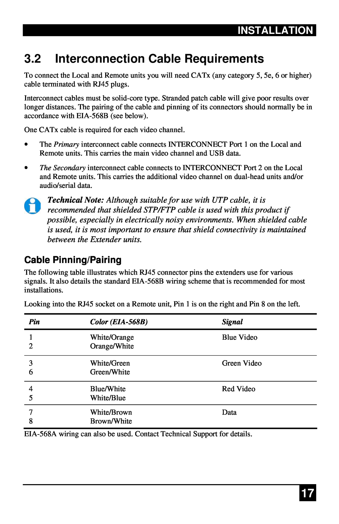 Black Box ACU4222A 3.2Interconnection Cable Requirements, Installation, Cable Pinning/Pairing, Color EIA-568B, Signal 