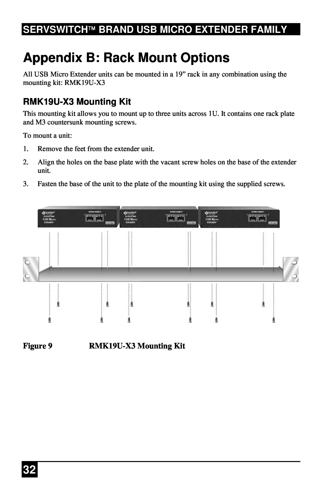 Black Box ACU4222A manual Appendix B Rack Mount Options, Servswitch Brand Usb Micro Extender Family, RMK19U-X3Mounting Kit 