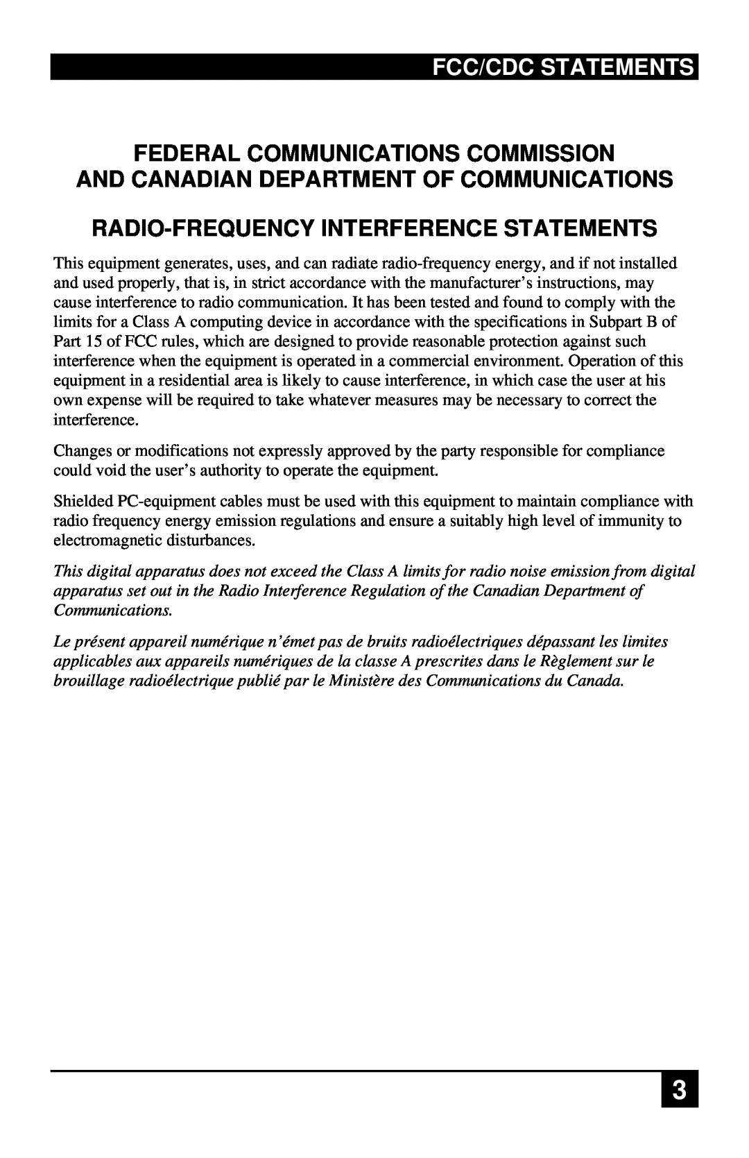 Black Box ACU4001A manual Fcc/Cdc Statements, Federal Communications Commission, And Canadian Department Of Communications 