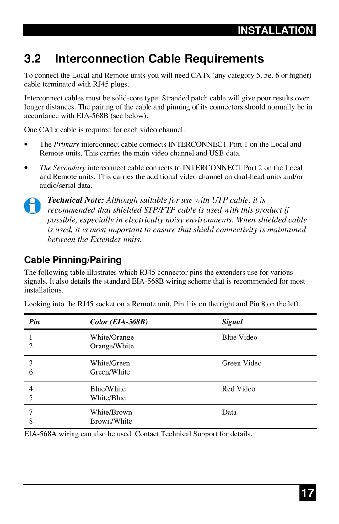 Black Box ACU4222A Interconnection Cable Requirements, Installation, Cable Pinning/Pairing, Pin Color EIA-568B Signal 