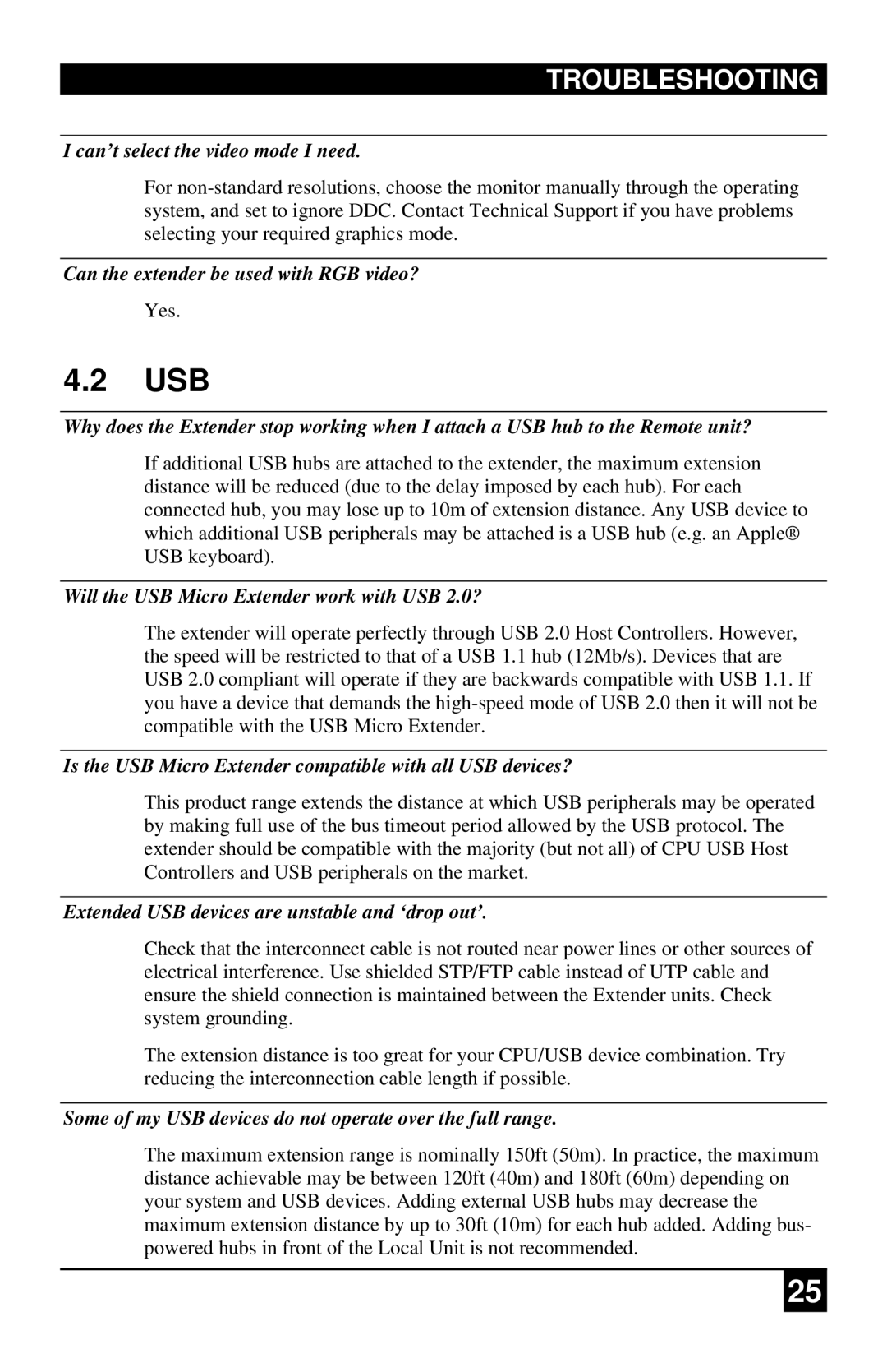 Black Box ACU4201A, ACU4222A, ACU4001A manual Usb, Troubleshooting 