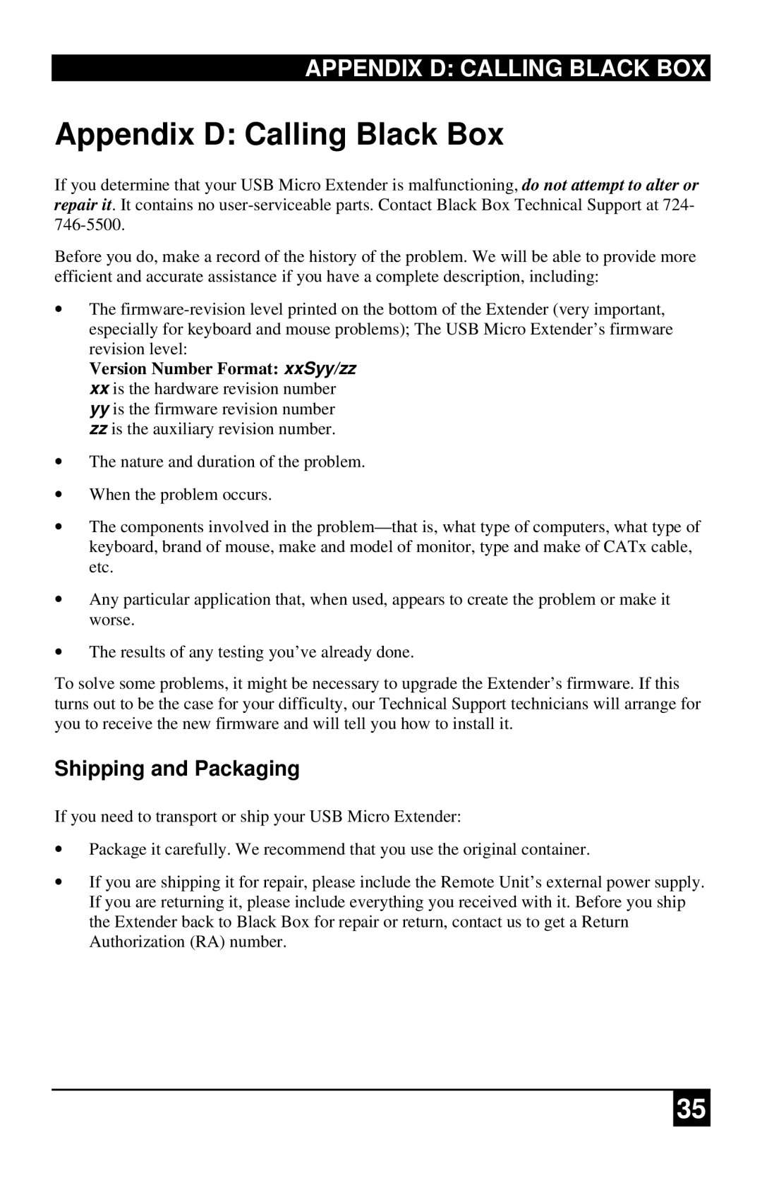 Black Box ACU4222A, ACU4001A, ACU4201A manual Appendix D Calling Black BOX, Shipping and Packaging 