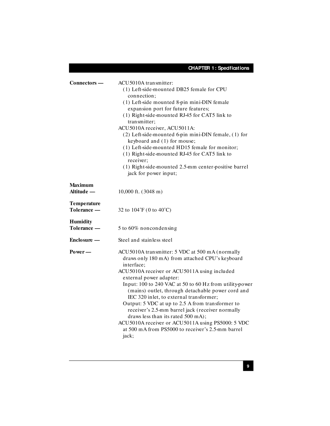 Black Box ACU5011A, ACU5010A manual Specifications 