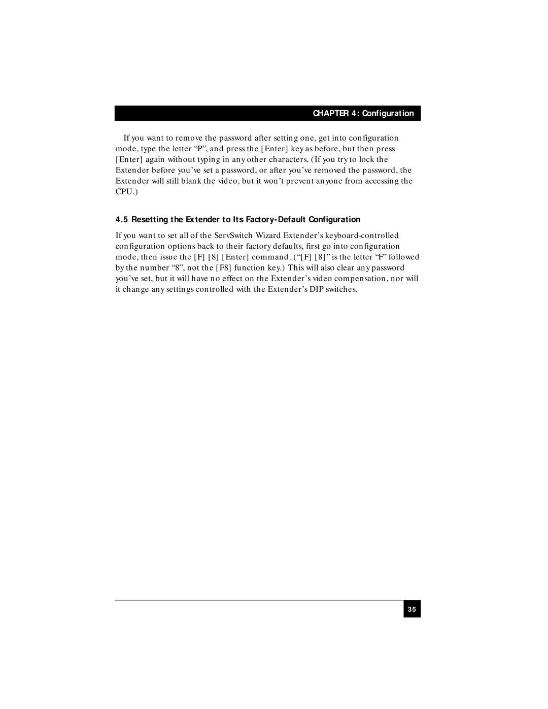 Black Box ACU5011A, ACU5010A manual Resetting the Extender to Its Factory-Default Configuration 