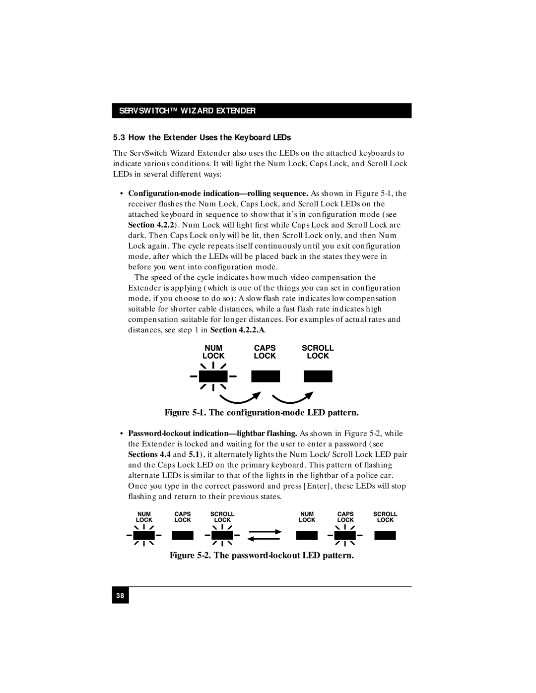 Black Box ACU5010A, ACU5011A manual How the Extender Uses the Keyboard LEDs, Password-lockout LED pattern 