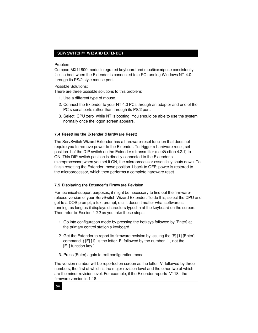 Black Box ACU5010A, ACU5011A manual Resetting the Extender Hardware Reset, Displaying the Extender’s Firmware Revision 