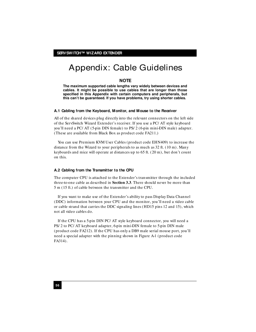 Black Box ACU5010A, ACU5011A manual Appendix Cable Guidelines, Cabling from the Transmitter to the CPU 