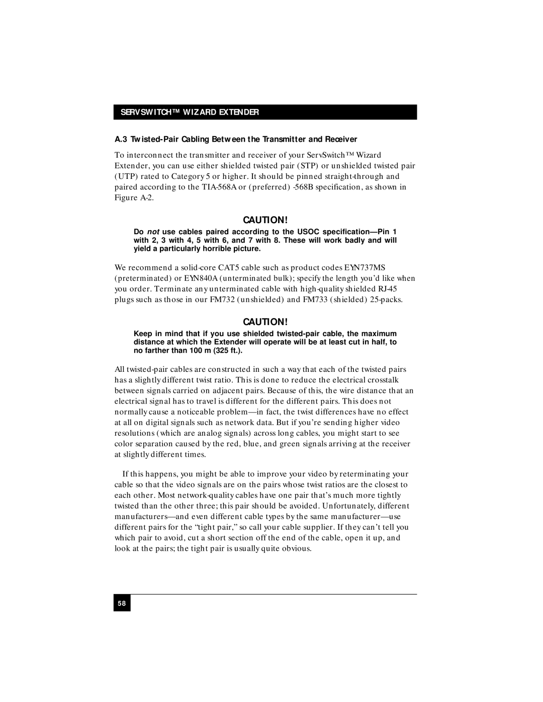 Black Box ACU5010A, ACU5011A manual Twisted-Pair Cabling Between the Transmitter and Receiver 