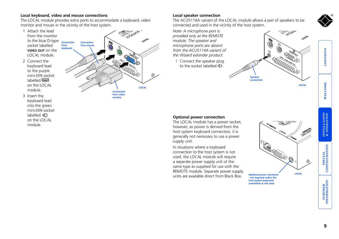 Black Box ACU5114A manual Local keyboard, video and mouse connections, Local speaker connection, Optional power connection 