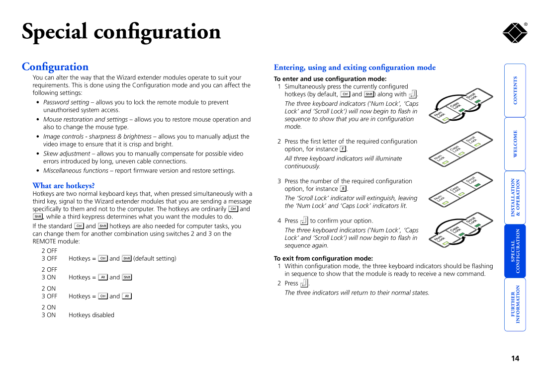 Black Box ACU5116A, ACU5114A manual Configuration, What are hotkeys?, Entering, using and exiting configuration mode 