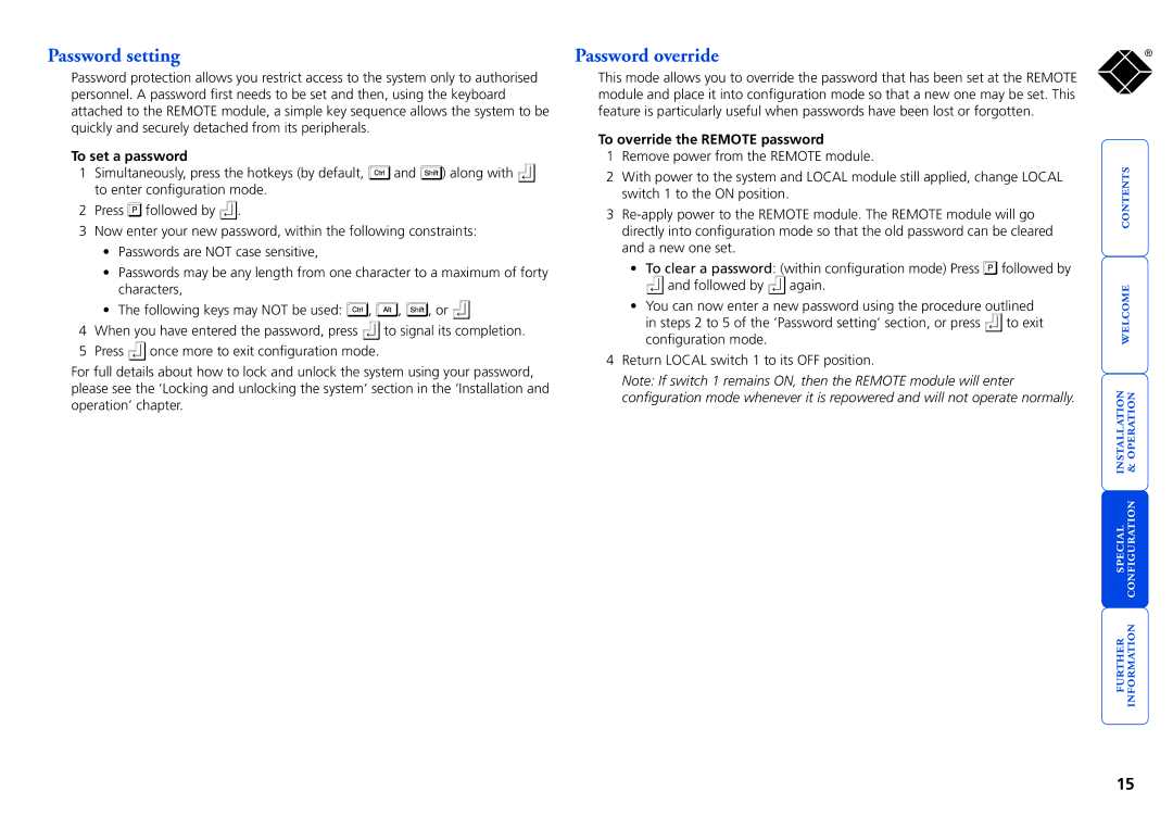 Black Box ACU5114A, ACU5116A manual Password setting, Password override, To set a password, To override the Remote password 