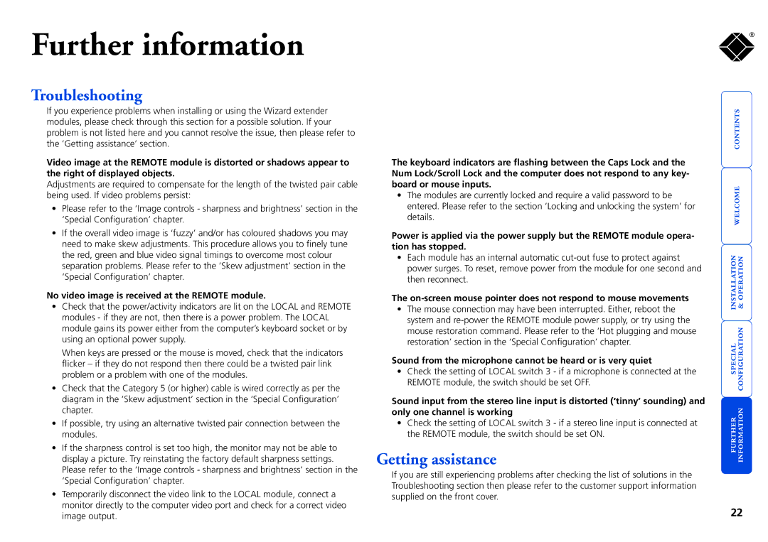 Black Box Black Box ServSwitch Wizard Extenders, ACU5116A, ACU5114A manual Troubleshooting, Getting assistance 