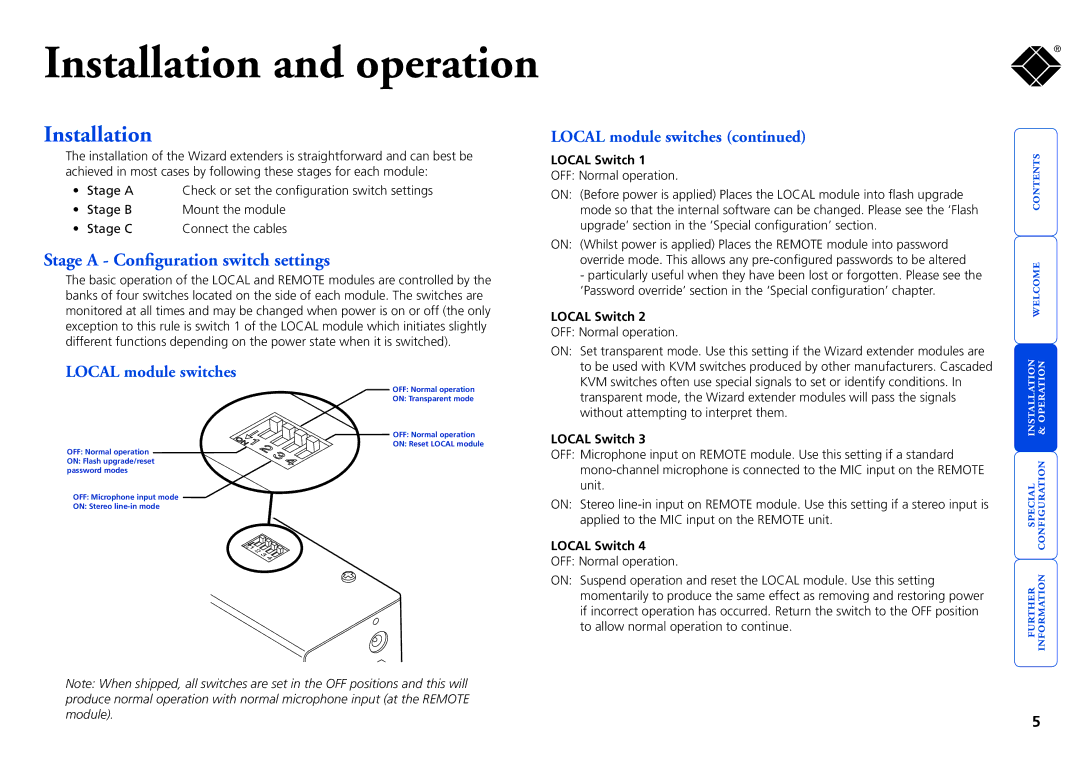 Black Box ACU5116A, ACU5114A manual Installation, Stage a Configuration switch settings, Local module switches, Local Switch 