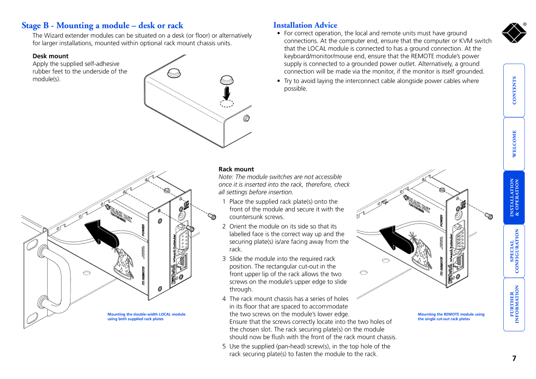 Black Box Black Box ServSwitch Wizard Extenders Stage B Mounting a module desk or rack, Installation Advice, Desk mount 