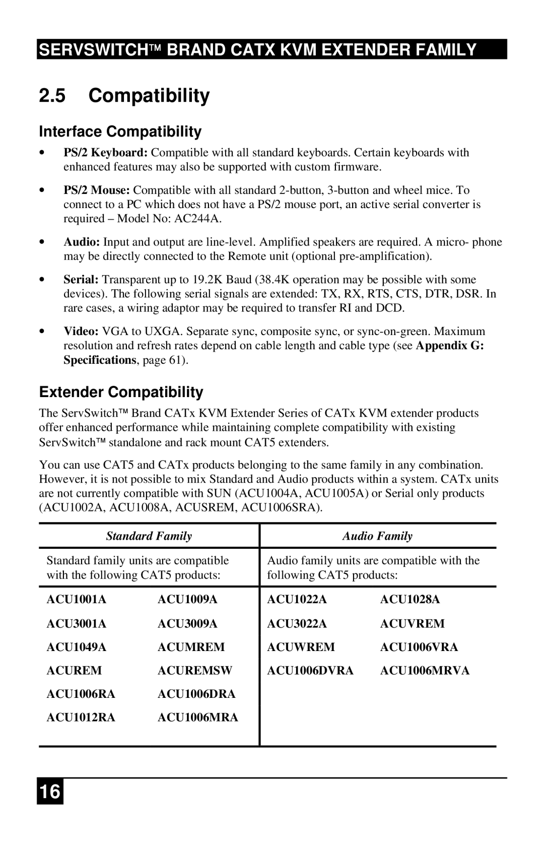 Black Box ACU2001A, ACURA001A, ACU2222A, ACUR001A, ACURA002A Interface Compatibility, Extender Compatibility, ACU1049A 