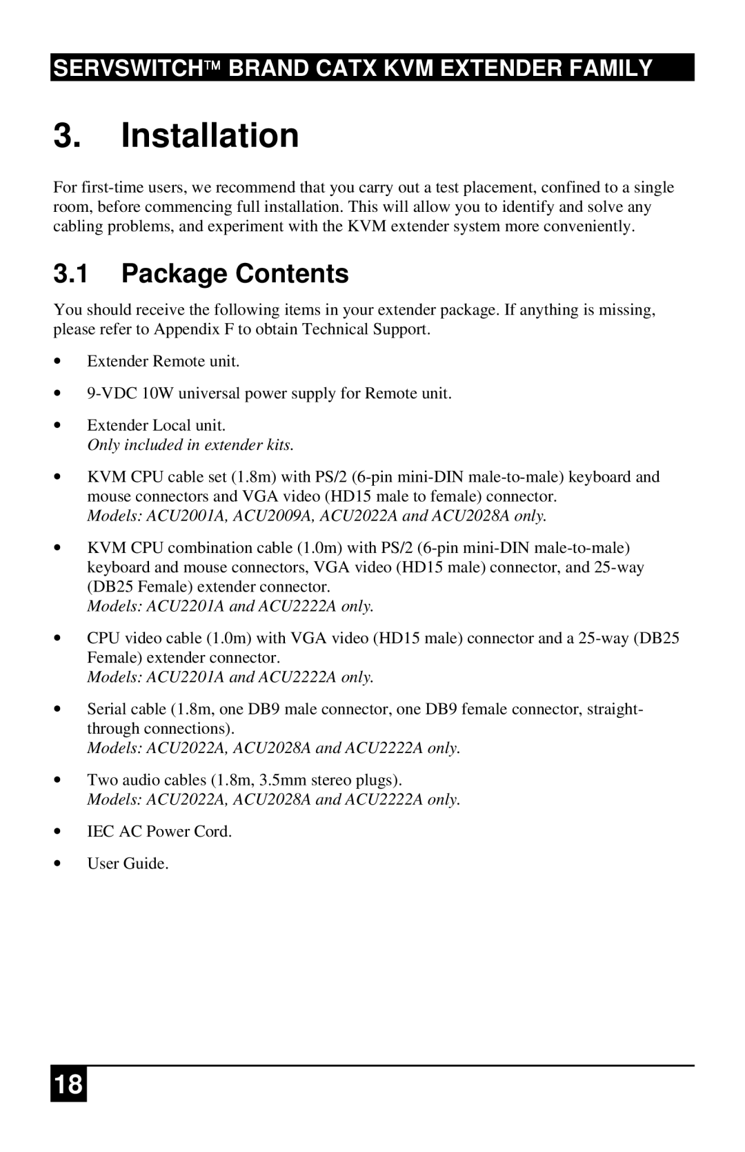 Black Box ACU2009A, ACURA001A, ACU2222A, ACUR001A, ACURA002A, ACU2201A, ACU2022A, ACU2028A manual Installation, Package Contents 