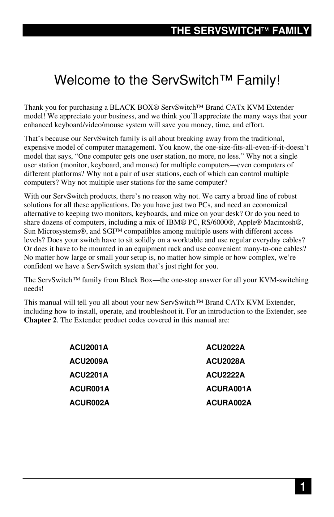 Black Box ACUR001A, ACURA001A, ACU2222A, ACURA002A, ACU2201A, ACU2022A Welcome to the ServSwitch Family, Servswitch Family 