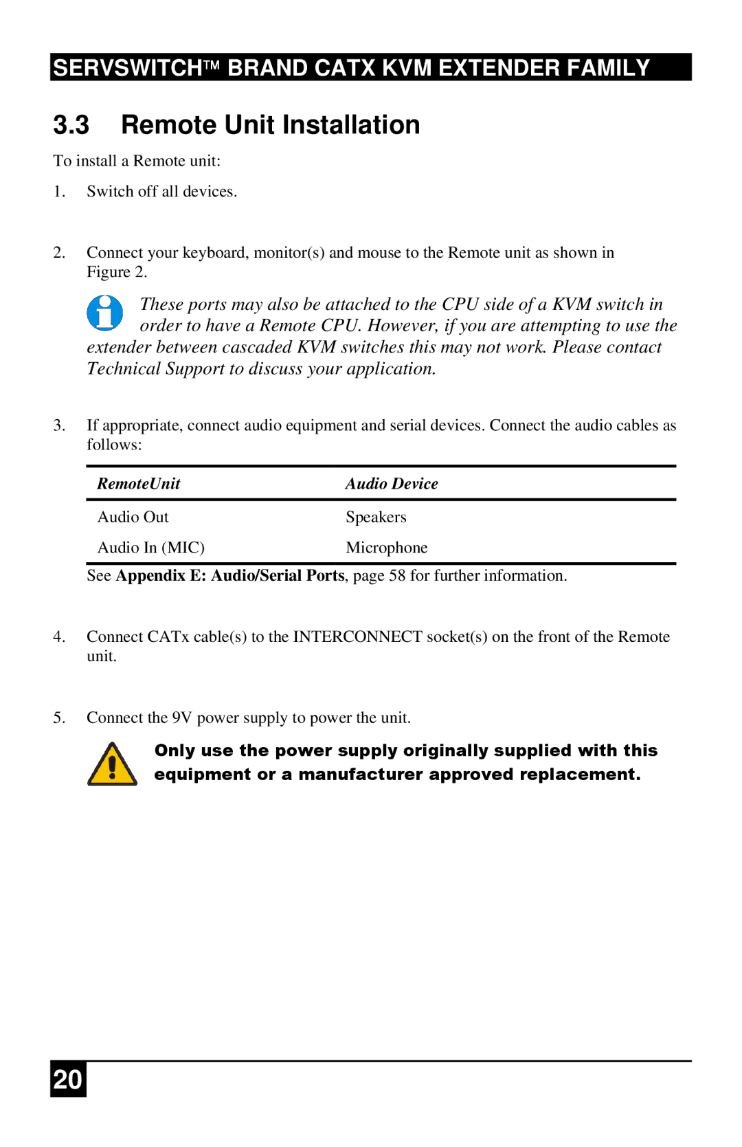 Black Box ACU2222A, ACURA001A, ACUR001A, ACURA002A, ACU2201A, ACU2022A manual Remote Unit Installation, RemoteUnit Audio Device 