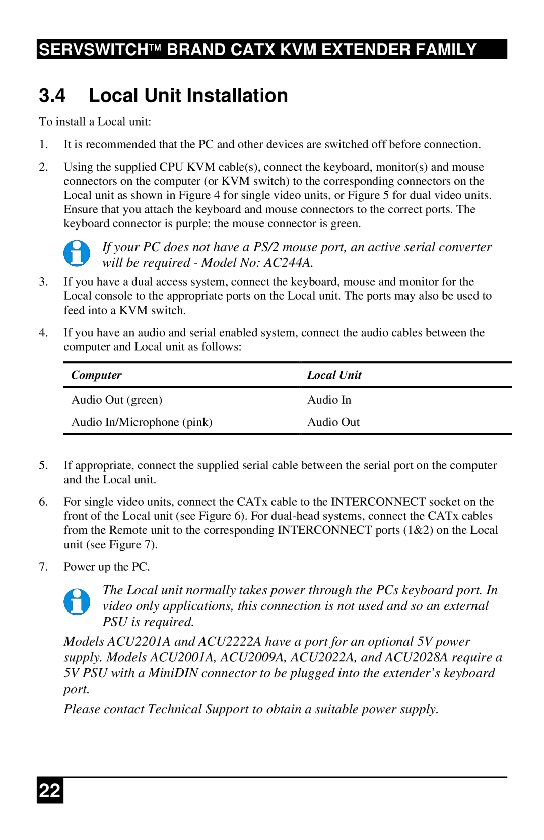 Black Box ACURA002A, ACURA001A, ACU2222A, ACUR001A, ACU2201A, ACU2022A, ACU2028A Local Unit Installation, Computer Local Unit 