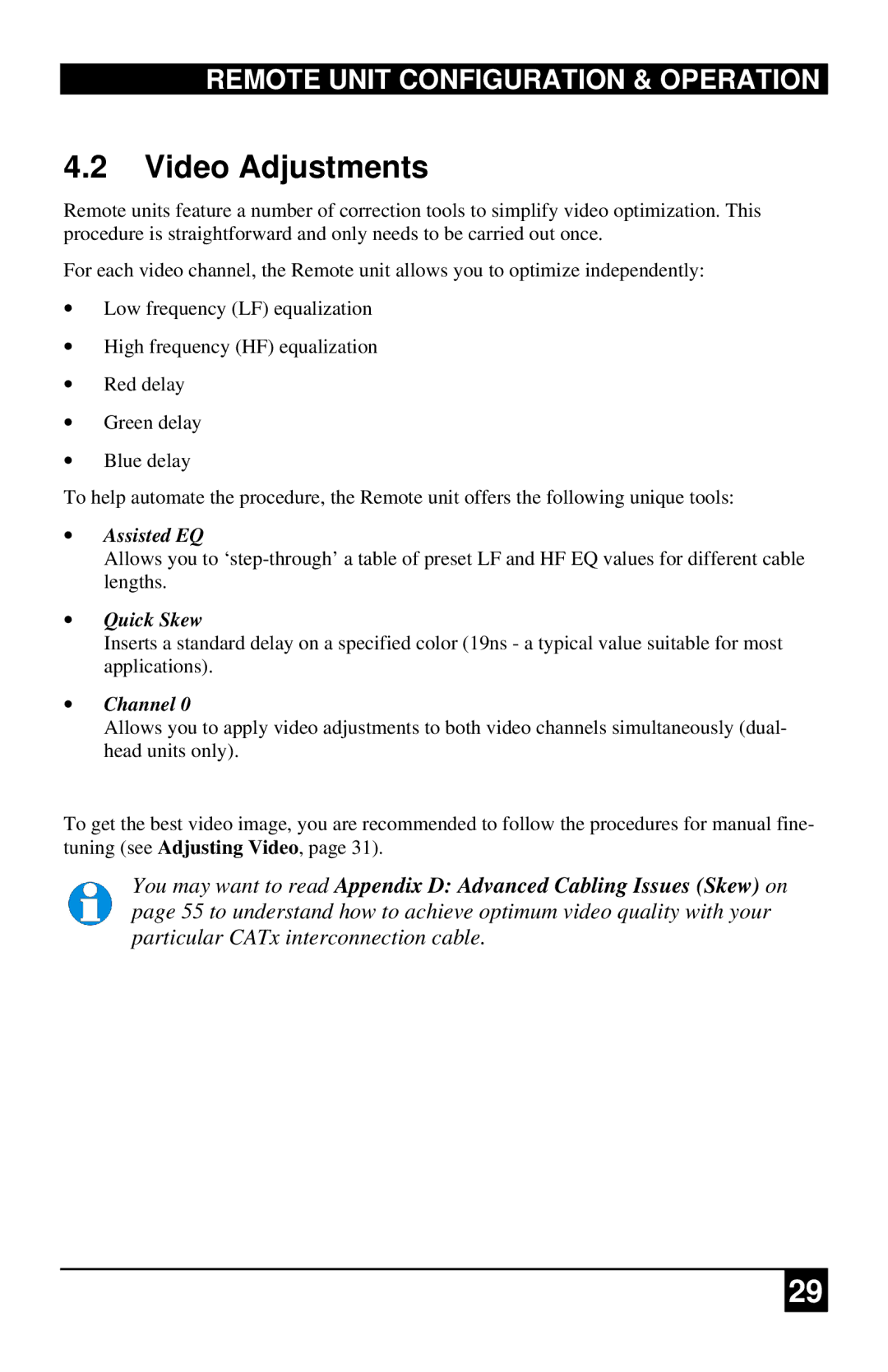 Black Box ACURA001A, ACU2222A Video Adjustments, Remote Unit Configuration & Operation, Assisted EQ, Quick Skew, Channel 