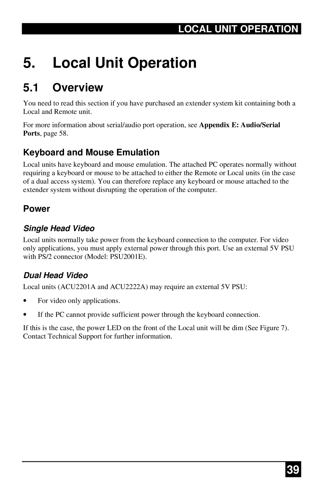 Black Box ACURA001A, ACU2222A, ACUR001A, ACURA002A manual Overview, Local Unit Operation, Keyboard and Mouse Emulation, Power 