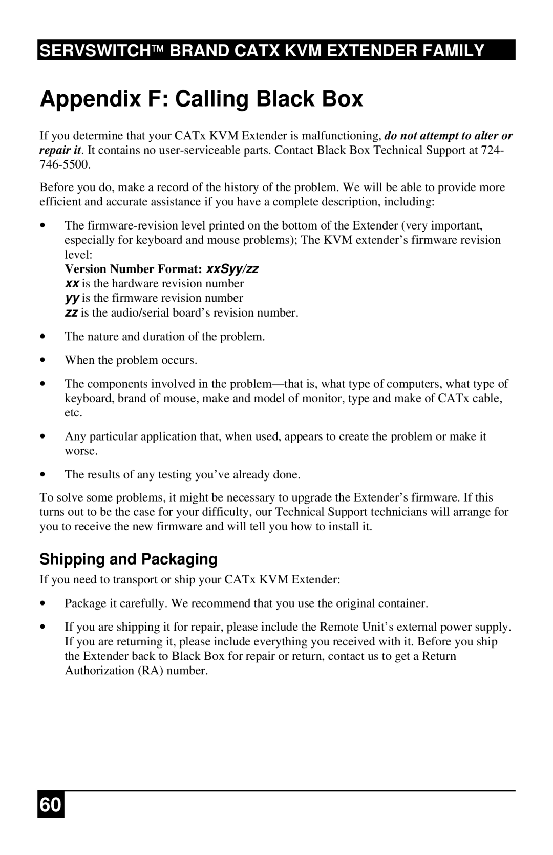 Black Box ACU2222A, ACURA001A, ACUR001A, ACURA002A, ACU2201A, ACU2022A Appendix F Calling Black Box, Shipping and Packaging 