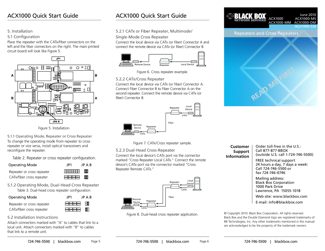 Black Box ACX1000-CM installation instructions Installation Configuration, CATx/Cross Repeater, Dual-Head Cross-Repeater 