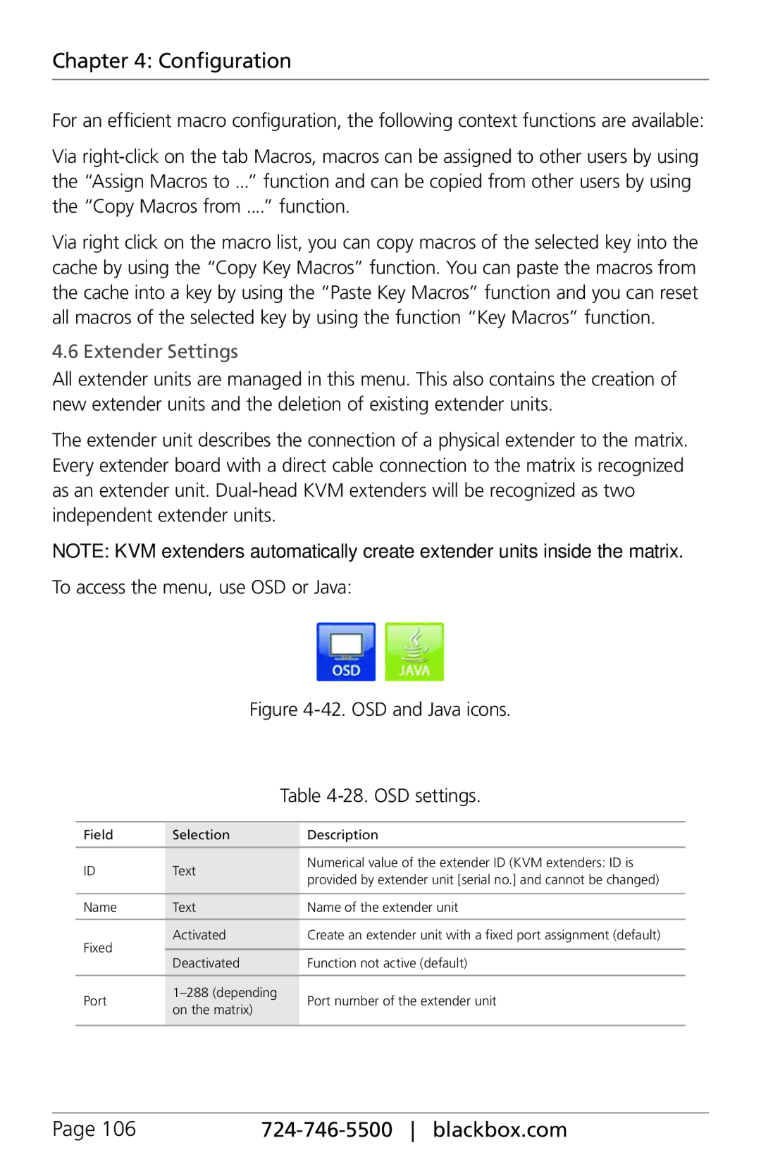 Black Box ACXC32, ACXC48, ACXC16, ServSwitch DKM FX and DKM FX Compact manual Extender Settings, OSD settings 