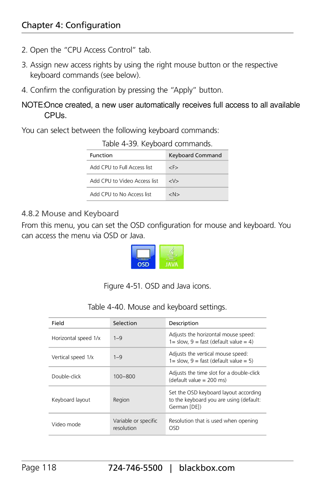 Black Box ACXC32, ACXC48, ACXC16 manual Mouse and Keyboard, OSD and Java icons 40. Mouse and keyboard settings 