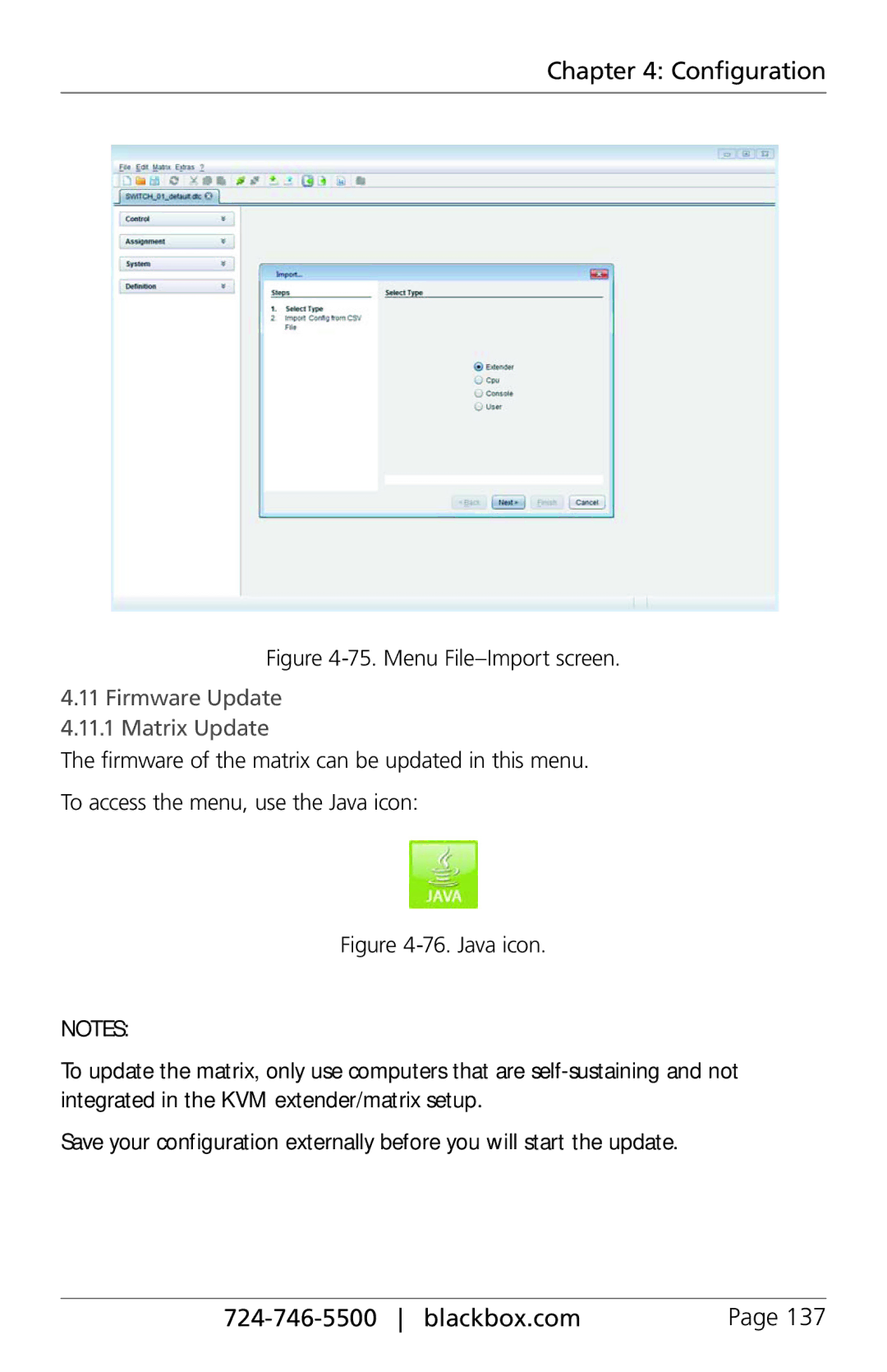 Black Box ACXC16, ACXC48, ACXC32, ServSwitch DKM FX and DKM FX Compact manual Menu File-Import screen, Java icon 