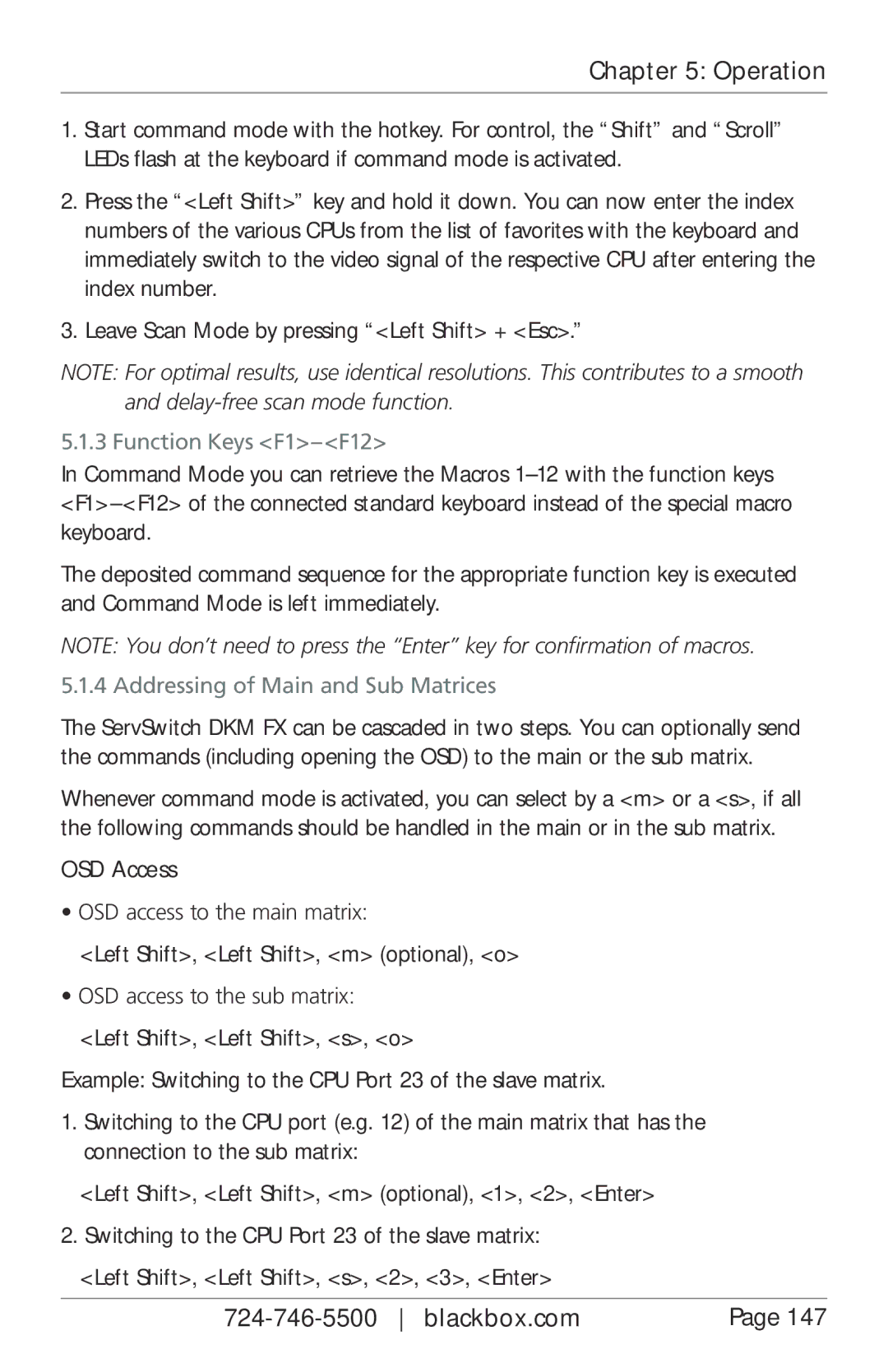 Black Box ServSwitch DKM FX and DKM FX Compact, ACXC48, ACXC16 Function Keys F1-F12, Addressing of Main and Sub Matrices 