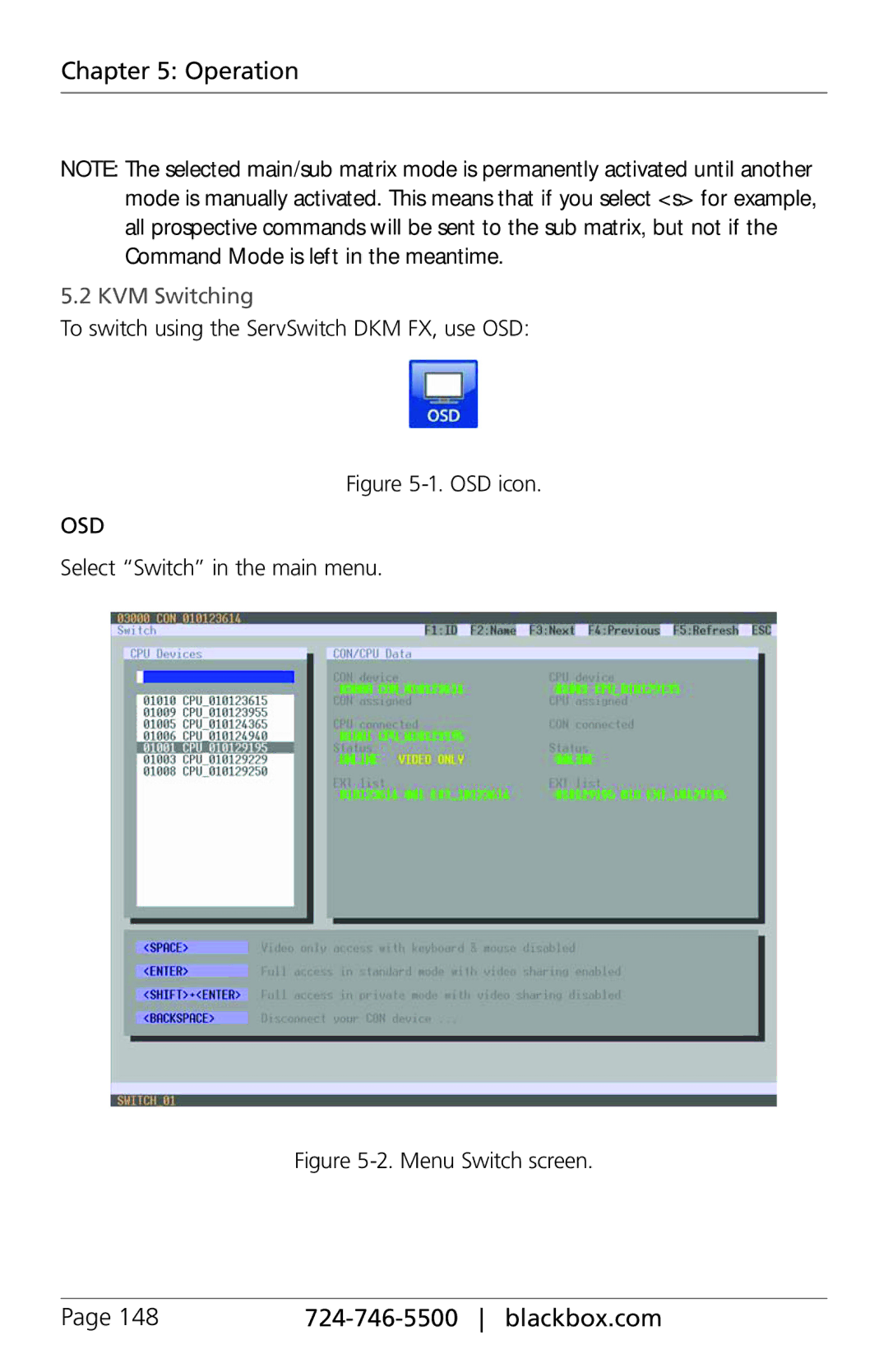 Black Box ACXC48, ACXC16 KVM Switching, To switch using the ServSwitch DKM FX, use OSD, Select Switch in the main menu 