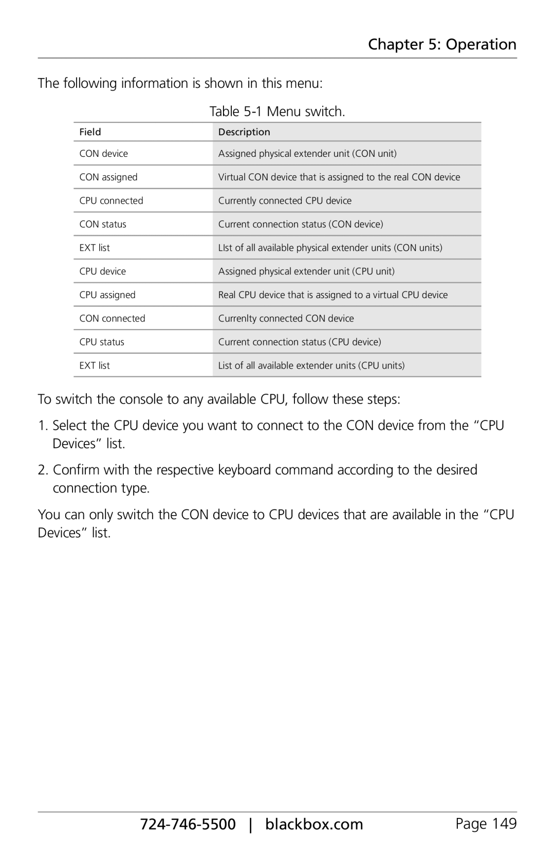 Black Box ACXC16, ACXC48, ACXC32 manual Following information is shown in this menu, Menu switch 