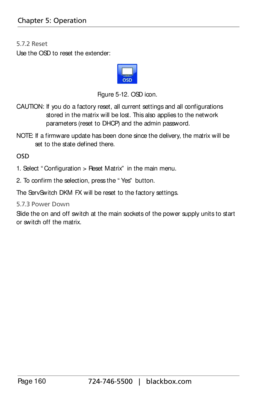 Black Box ACXC48, ACXC16, ACXC32, ServSwitch DKM FX and DKM FX Compact Reset, Use the OSD to reset the extender, Power Down 