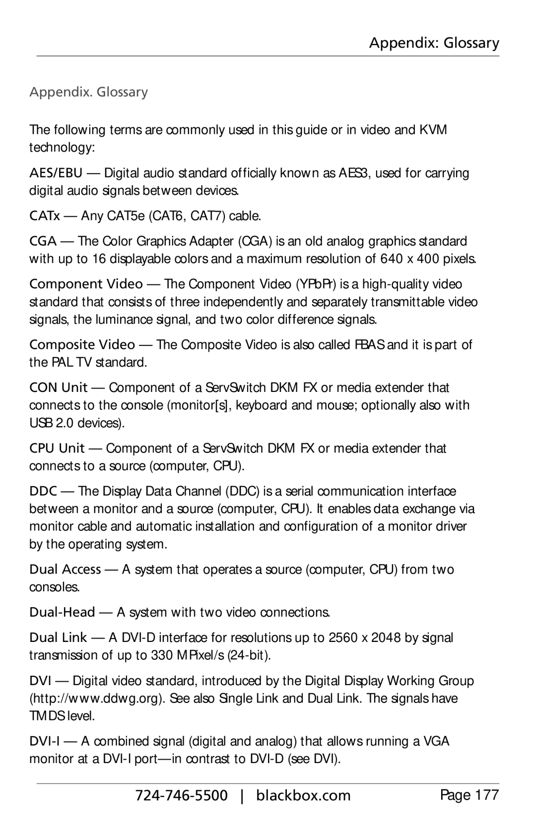 Black Box ACXC16, ACXC48, ACXC32, ServSwitch DKM FX and DKM FX Compact manual Appendix Glossary, Appendix. Glossary 