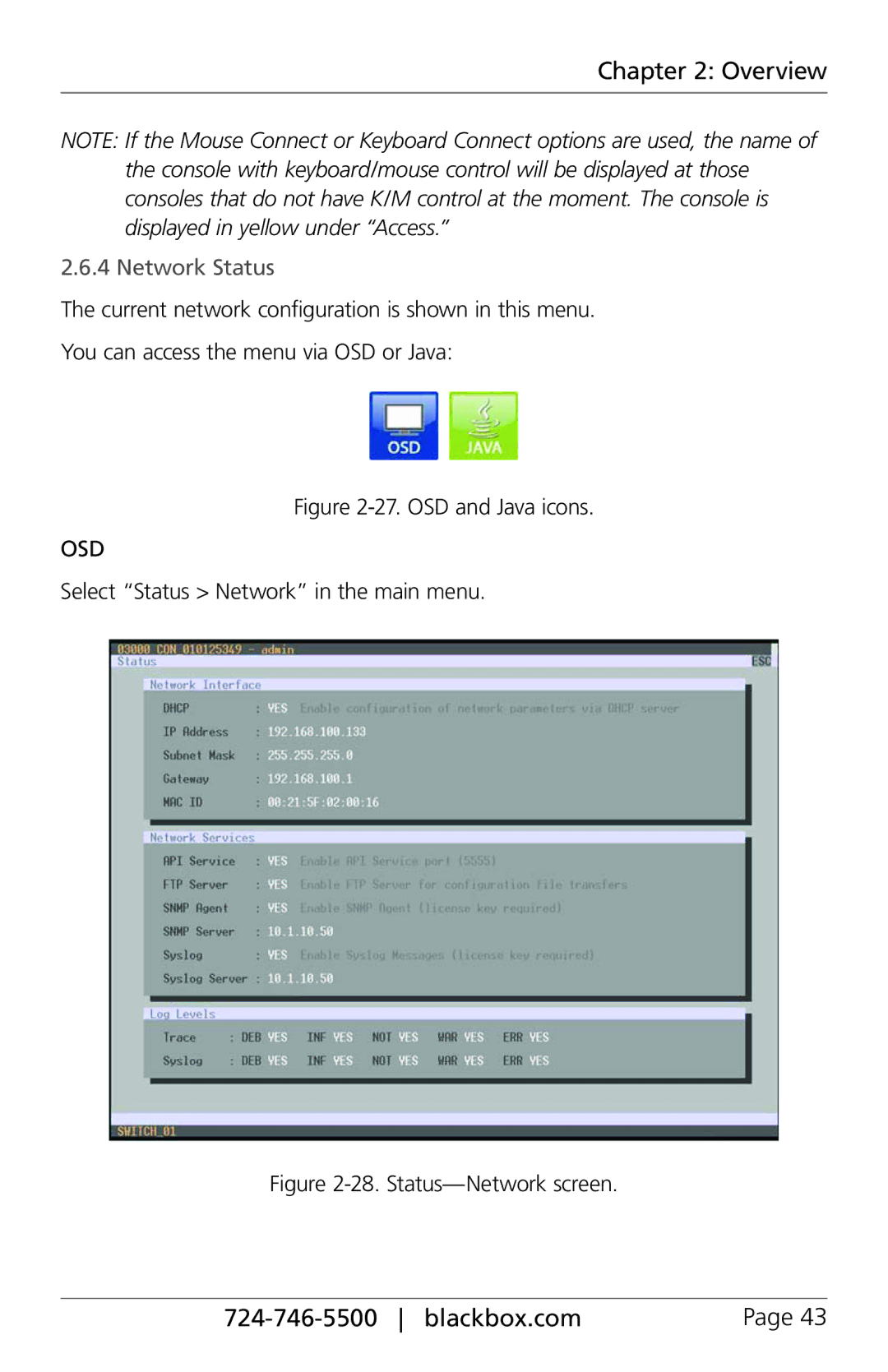 Black Box ServSwitch DKM FX and DKM FX Compact, ACXC48, ACXC16 manual Network Status, Select Status Network in the main menu 