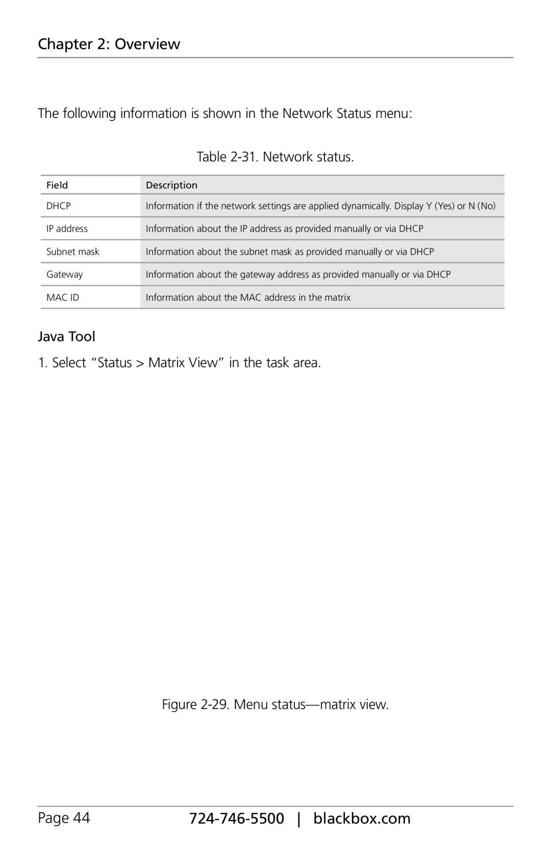 Black Box ACXC48, ACXC16, ACXC32 manual Java Tool Select Status Matrix View in the task area, Menu status-matrix view 