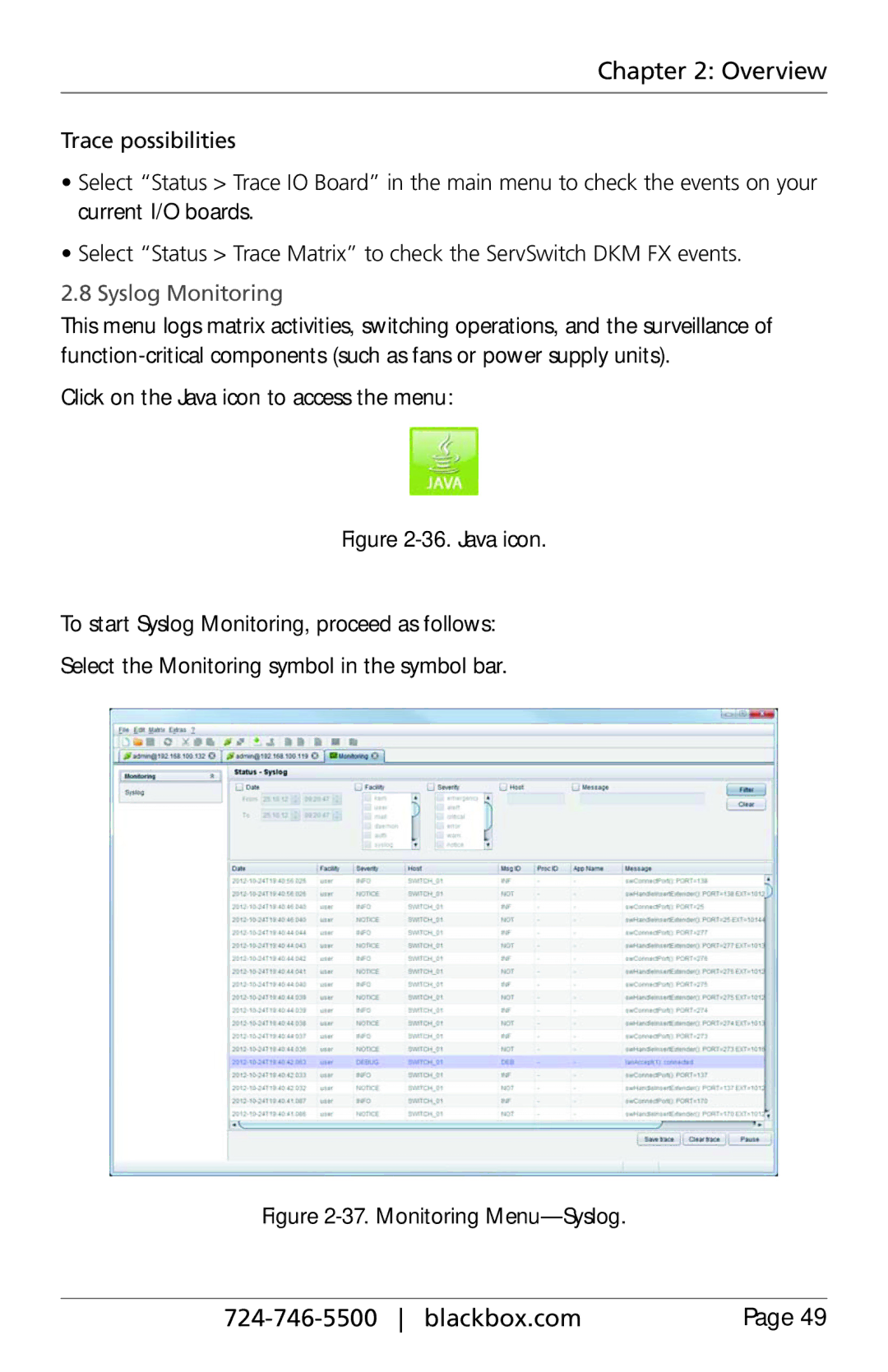 Black Box ACXC16, ACXC48, ACXC32 manual Syslog Monitoring, Click on the Java icon to access the menu 